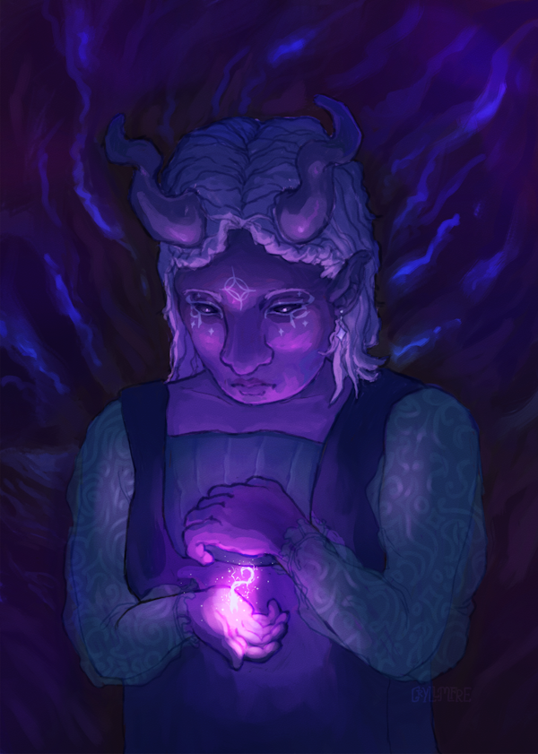 Asteria- A blue-purple tiefling with shoulder-length white hair wearing the symbol of Selûne as facial makeup. She is depicted in dark lighting against an abstract, storm-like background, and looks at a swirl of glowing magic between her palms.