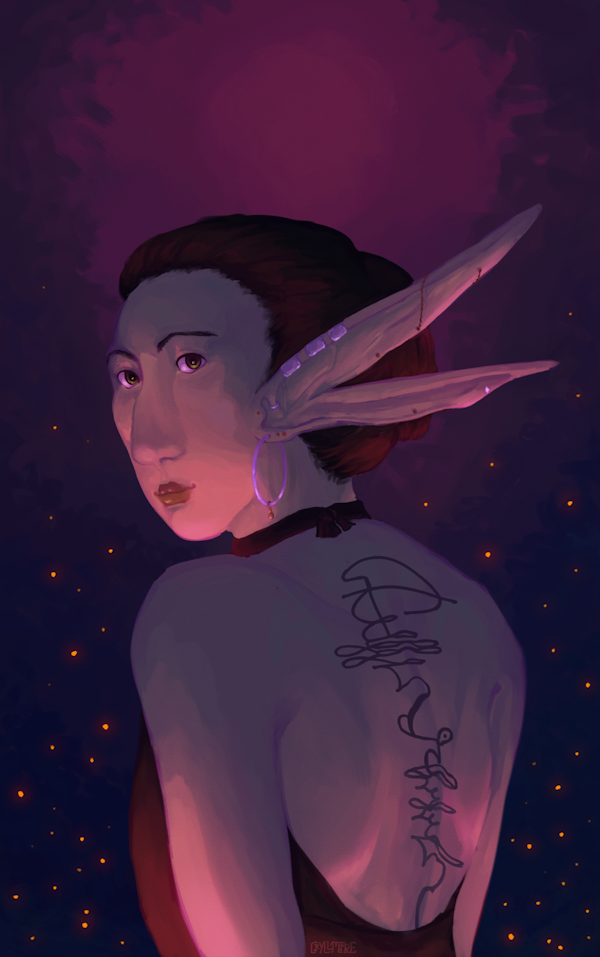 Belladonna- A green fae looks back at the camera over their shoulder in a twilight, pink-blue setting. They wear their hair in a bun and have a tattoo in a fantasy script down their back.