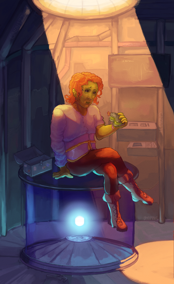 Gwaine- A green alien sitting atop a reactor core in a spaceship-like room. A beam of natural light shines down on him as he looks at an alien sandwich.