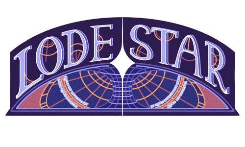 A logo reading 'Lodestar' in a retro sci-fi style similar to that of Spelljammer and 80's sci-fi comics.